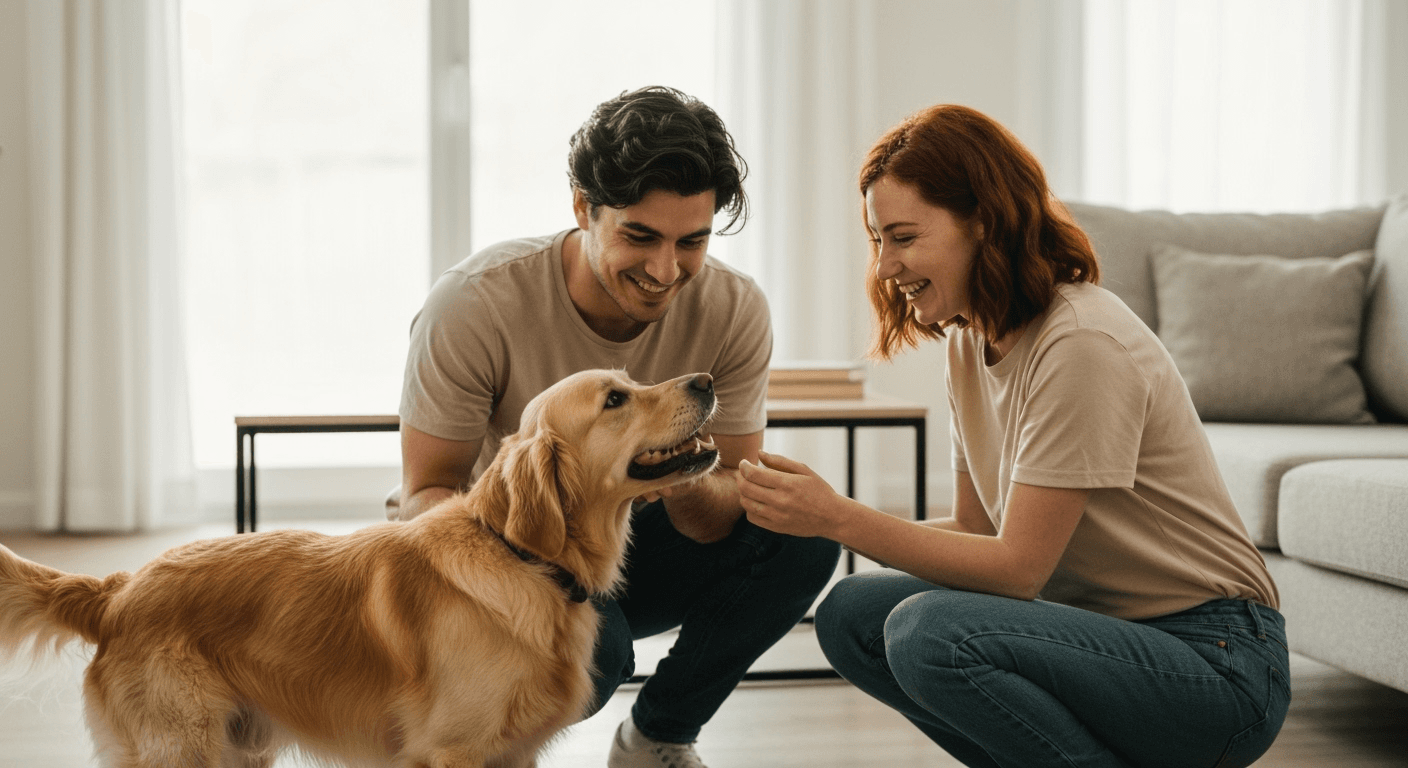 Loving pet adoption process with family welcoming new pet into their home